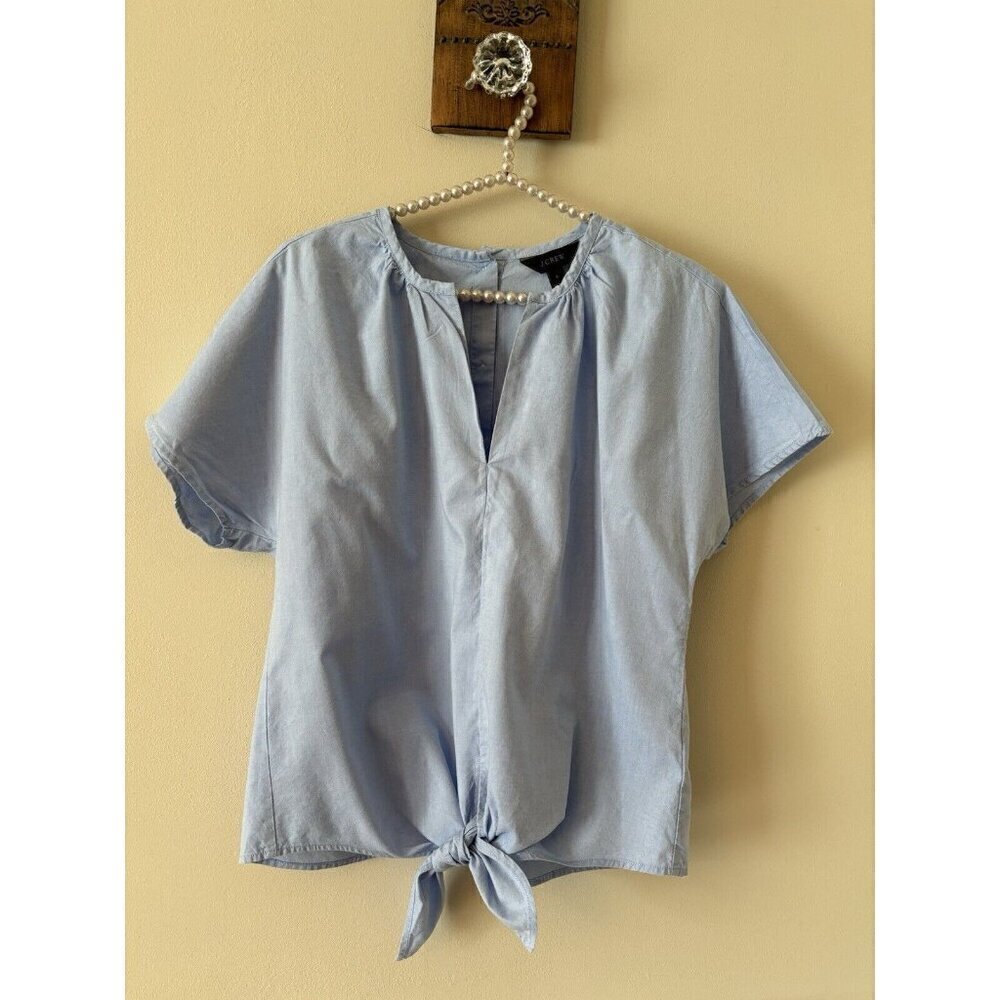 JCrew Womens Size S Blue Tie Front Button Back Blouse Short Sleeve Cotton Blend